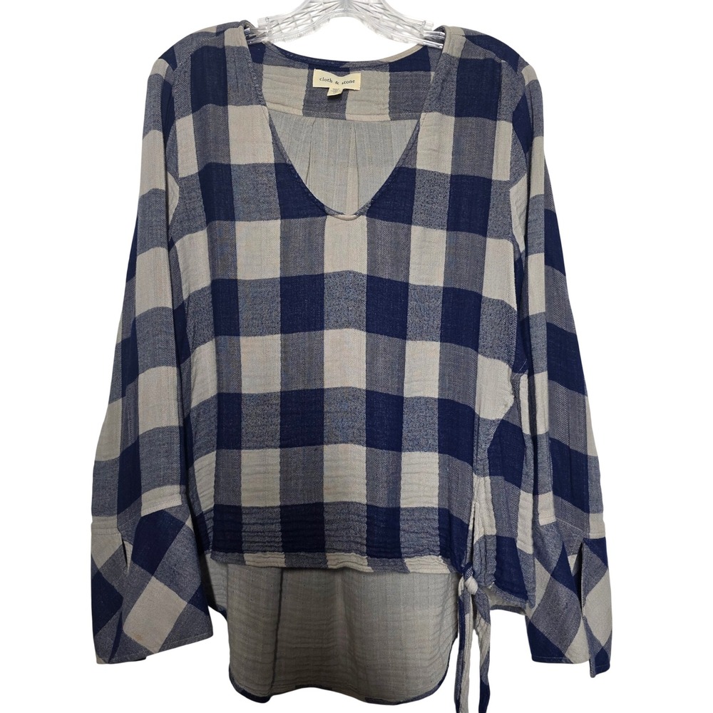 Blue and White Plaid V-Neck Tie-Hem Women's Top